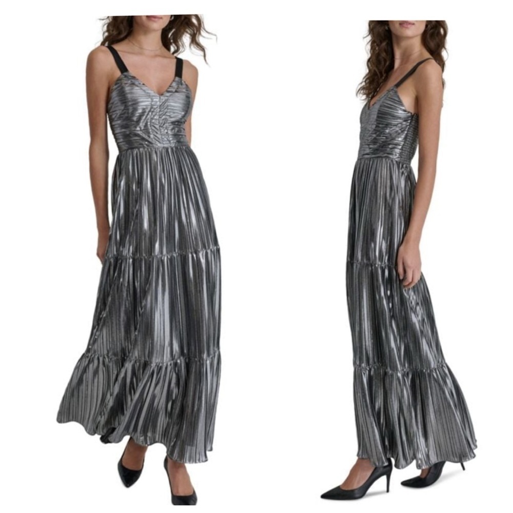 NEW NWT DKNY Sleeveless Foil Plissé Maxi Dress Silver Metallic Cocktail Size XS